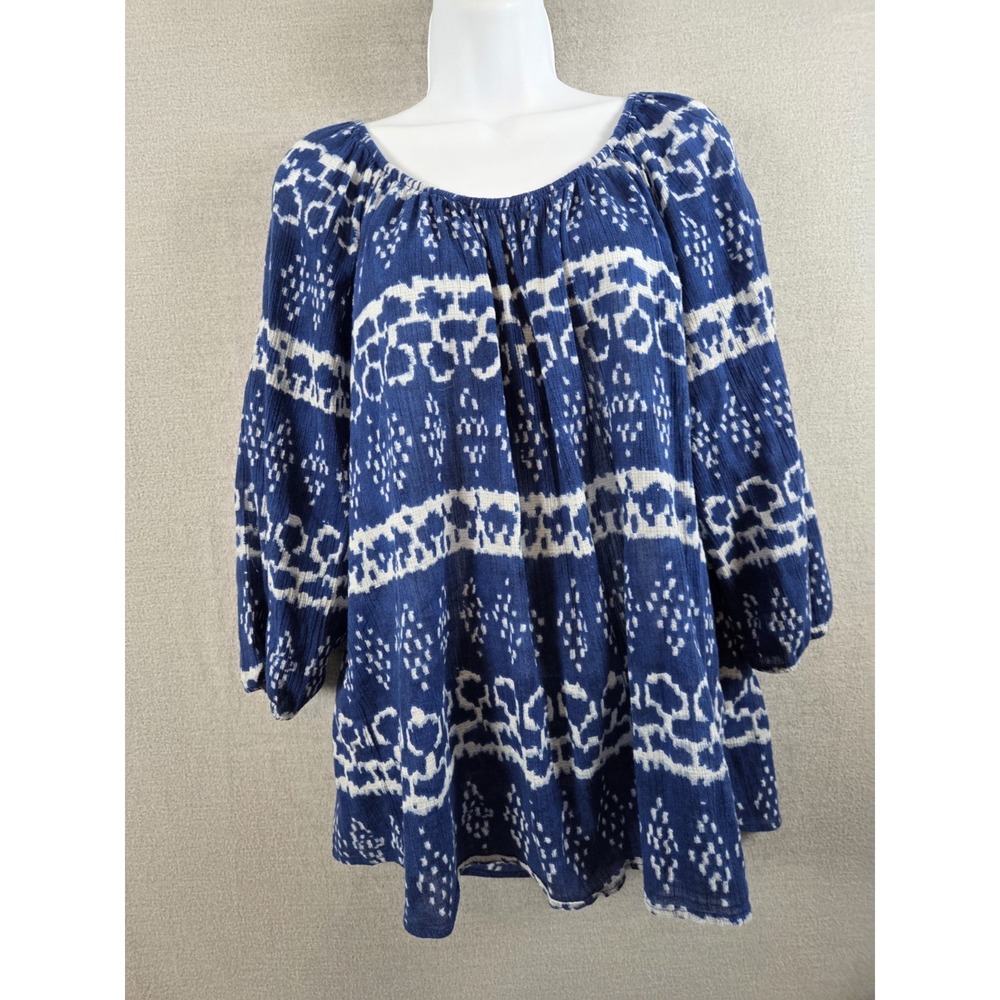 Chaps‎ Denim Blue & White L Short Sleeve Top Elastic Scoop Neck Boho Festival